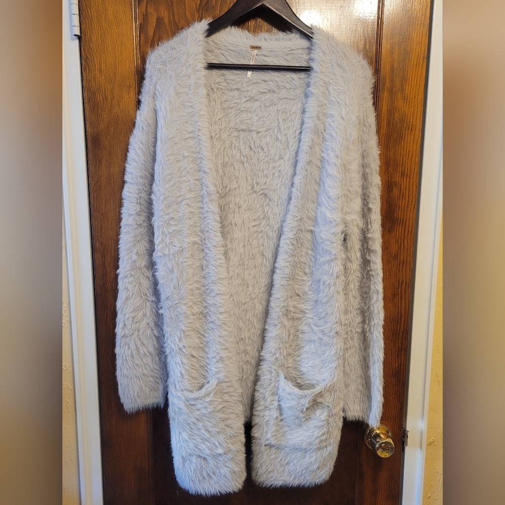 Free People Fuzzy Faux Fur Open Front Cardigan in Light Gray